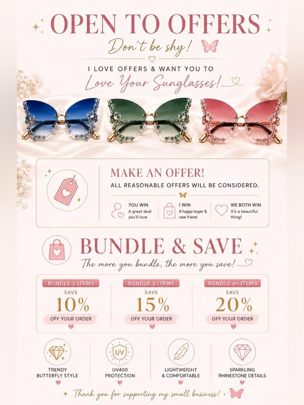 Sanrio rose Ombre Butterfly Rhinestone Sunglasses - Picture 7 of 7